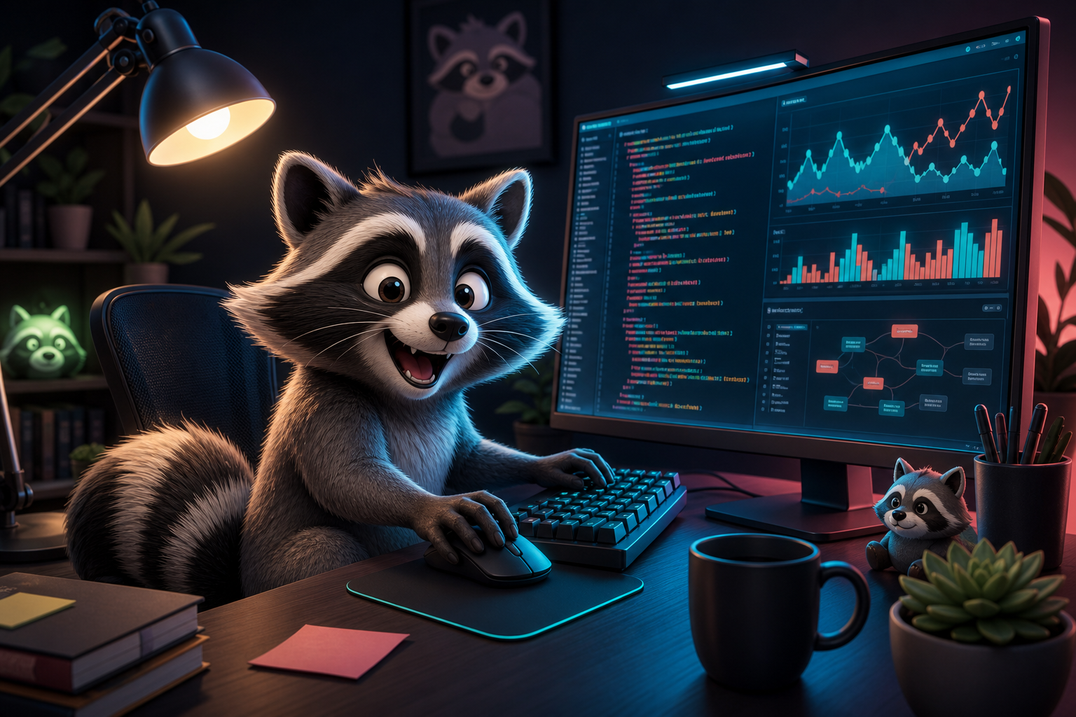 Trash Panda raccoon at a computer
